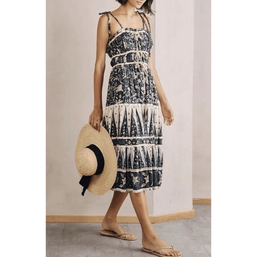 Christian Lacroix Navy and Ivory Printed Tiered Midi Dress Size M ~ Pristine - Picture 7 of 11